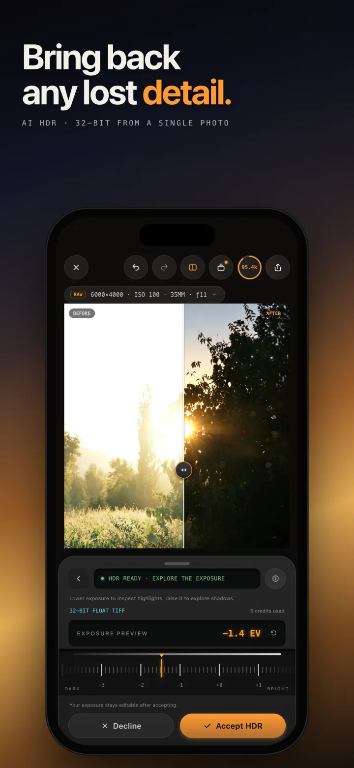 Eightstop on iPhone: AI HDR comparing a blown-out sunrise with the recovered result.