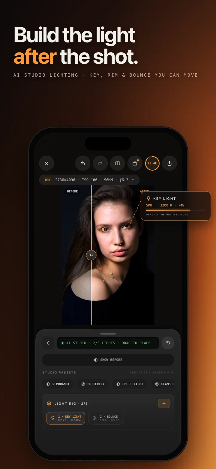 Eightstop on iPhone: AI Studio placing a warm key light on a portrait.