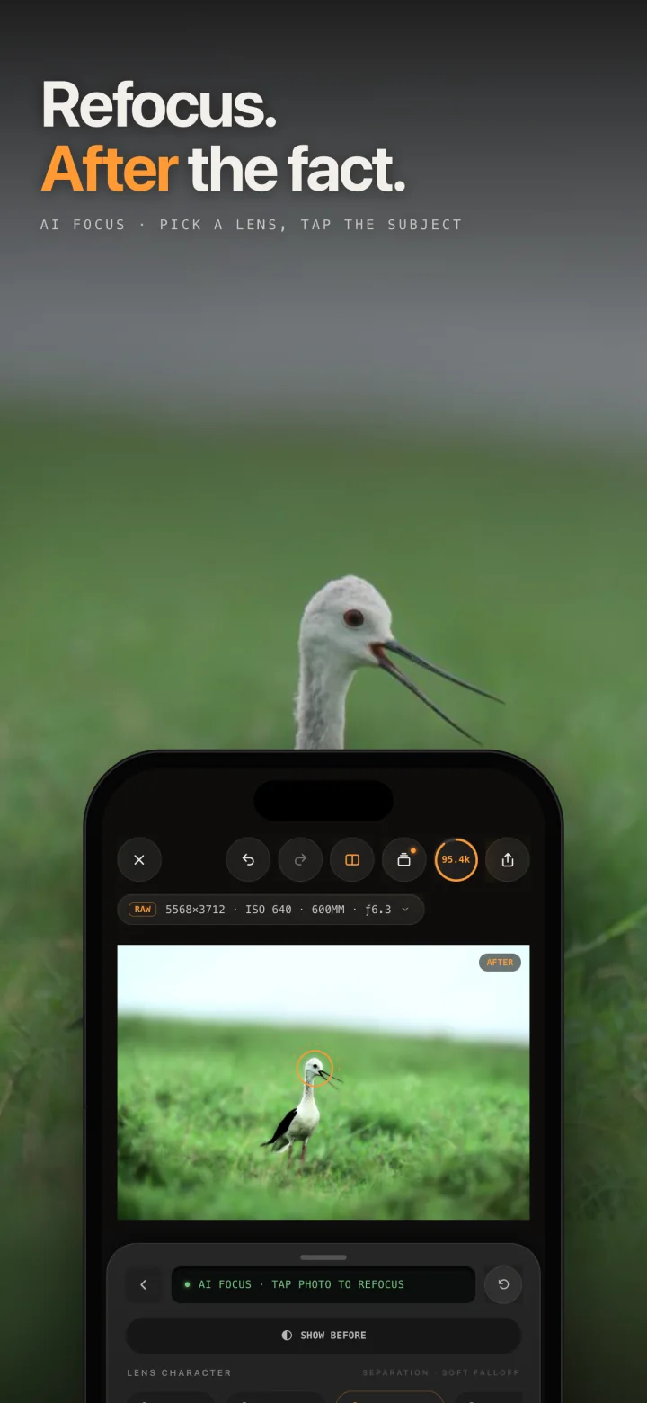 Eightstop on iPhone: AI Focus blurring the background behind a bird in a field.