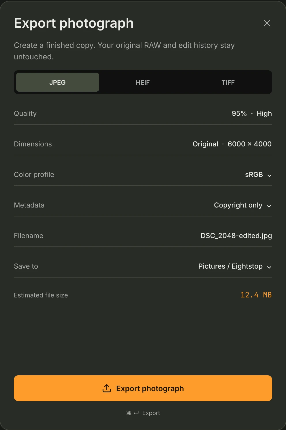 The Export dialog with JPEG, HEIF and TIFF formats, quality, color profile and metadata options.