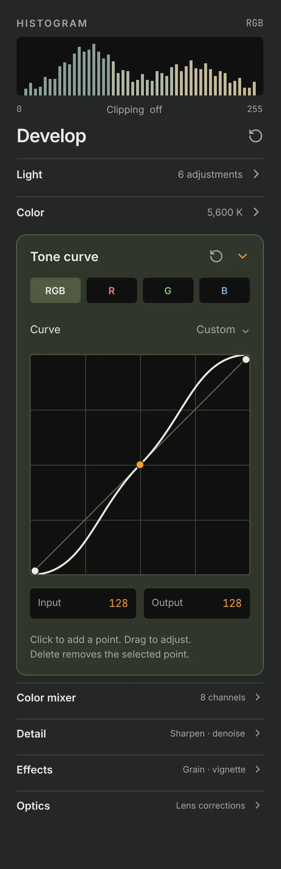 The Develop panel with a histogram and an expanded tone curve.
